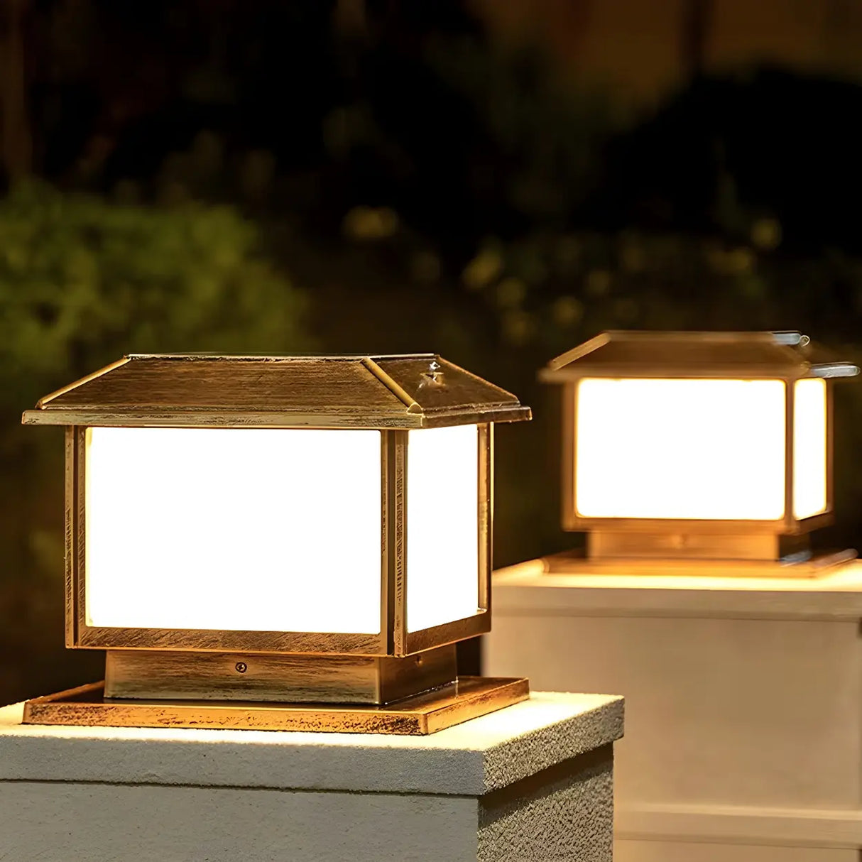 Antique Brass Outdoor Cube LED Post Outdoor Table Lamp Image - 1