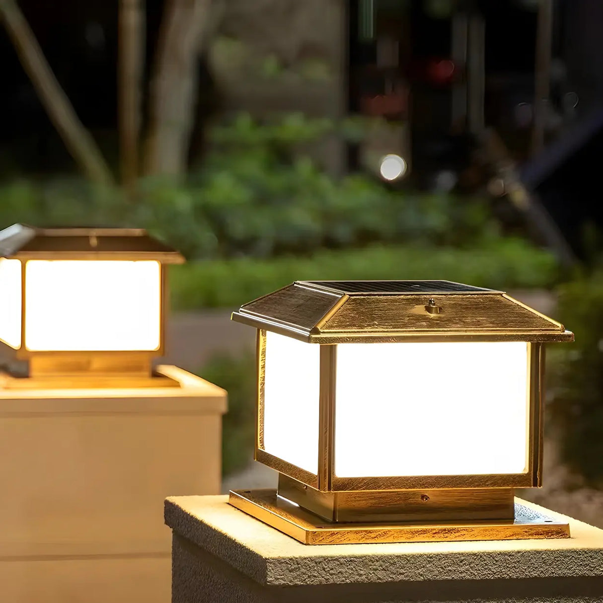 Antique Brass Outdoor Cube LED Post Outdoor Table Lamp Image - 4