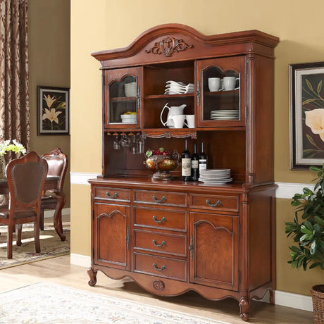 Antique Carved Wooden Kitchen Brown Tall China Cabinet Image - 1