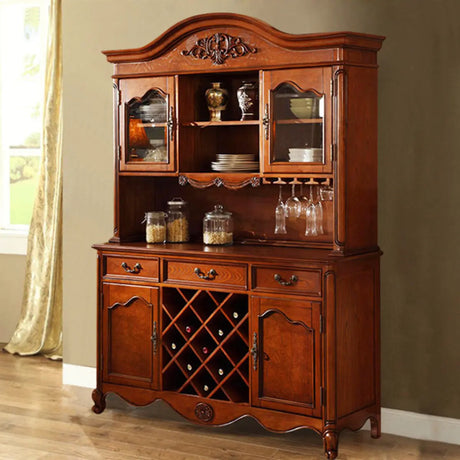 Antique Carved Wooden Kitchen Brown Tall China Cabinet Image - 2