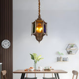 Antique Dining Room Colored Glass Lantern Pendant Chandelier Image - 3