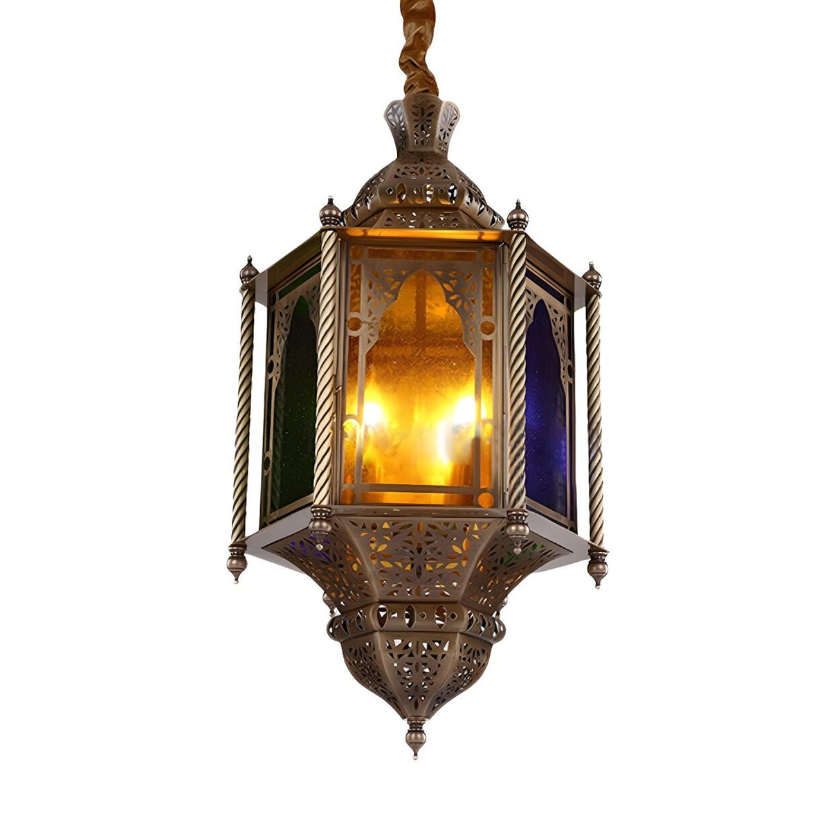 Antique Dining Room Colored Glass Lantern Pendant Chandelier Image - 4