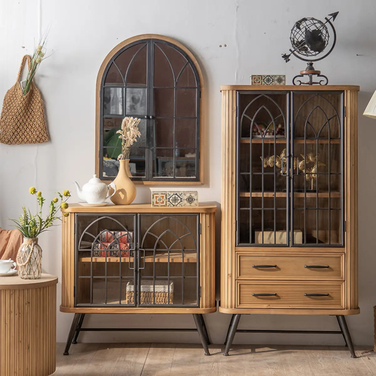 Antique Freestanding Natural Wood China Cabinet Brown Image - 1