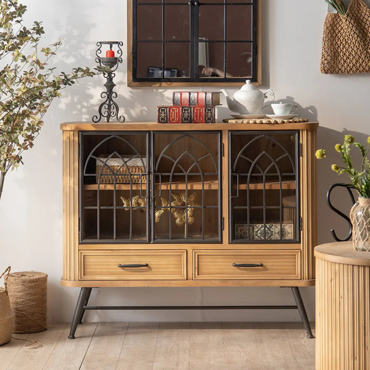 Antique Freestanding Natural Wood China Cabinet Brown Image - 2