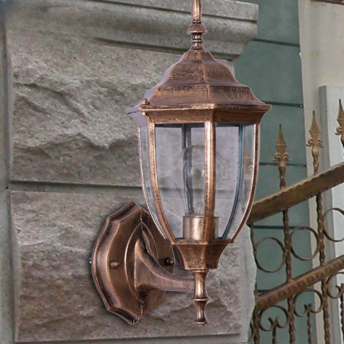 Antique Geometric Bronze Clear Glass Outdoor Wall Light Image - 1