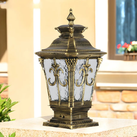 Antique Glass Panels Brass Outdoor Pillar Lantern Lamp Image - 1