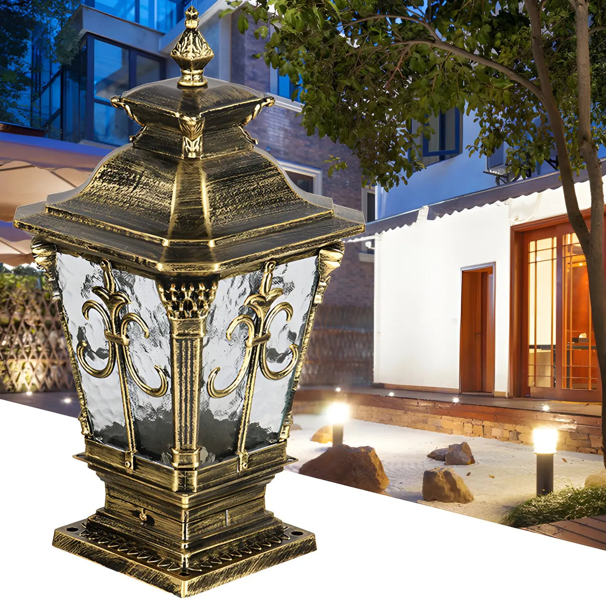 Antique Glass Panels Brass Outdoor Pillar Lantern Lamp Image - 3