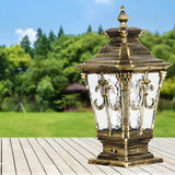 Antique Glass Panels Brass Outdoor Pillar Lantern Lamp Image - 4