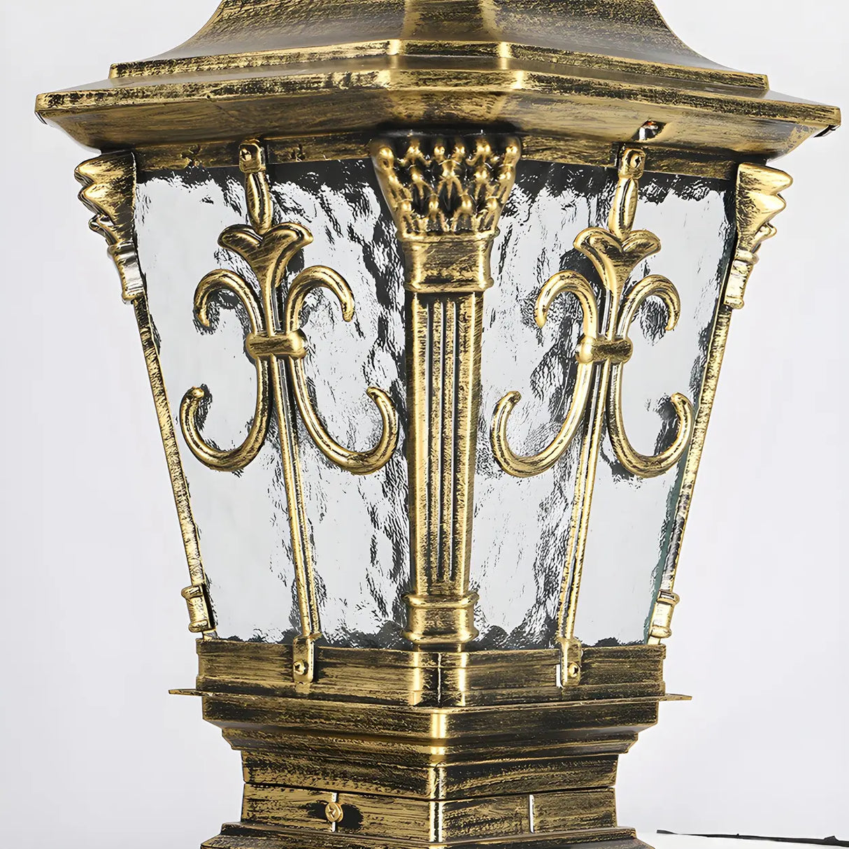 Antique Glass Panels Brass Outdoor Pillar Lantern Lamp Image - 7