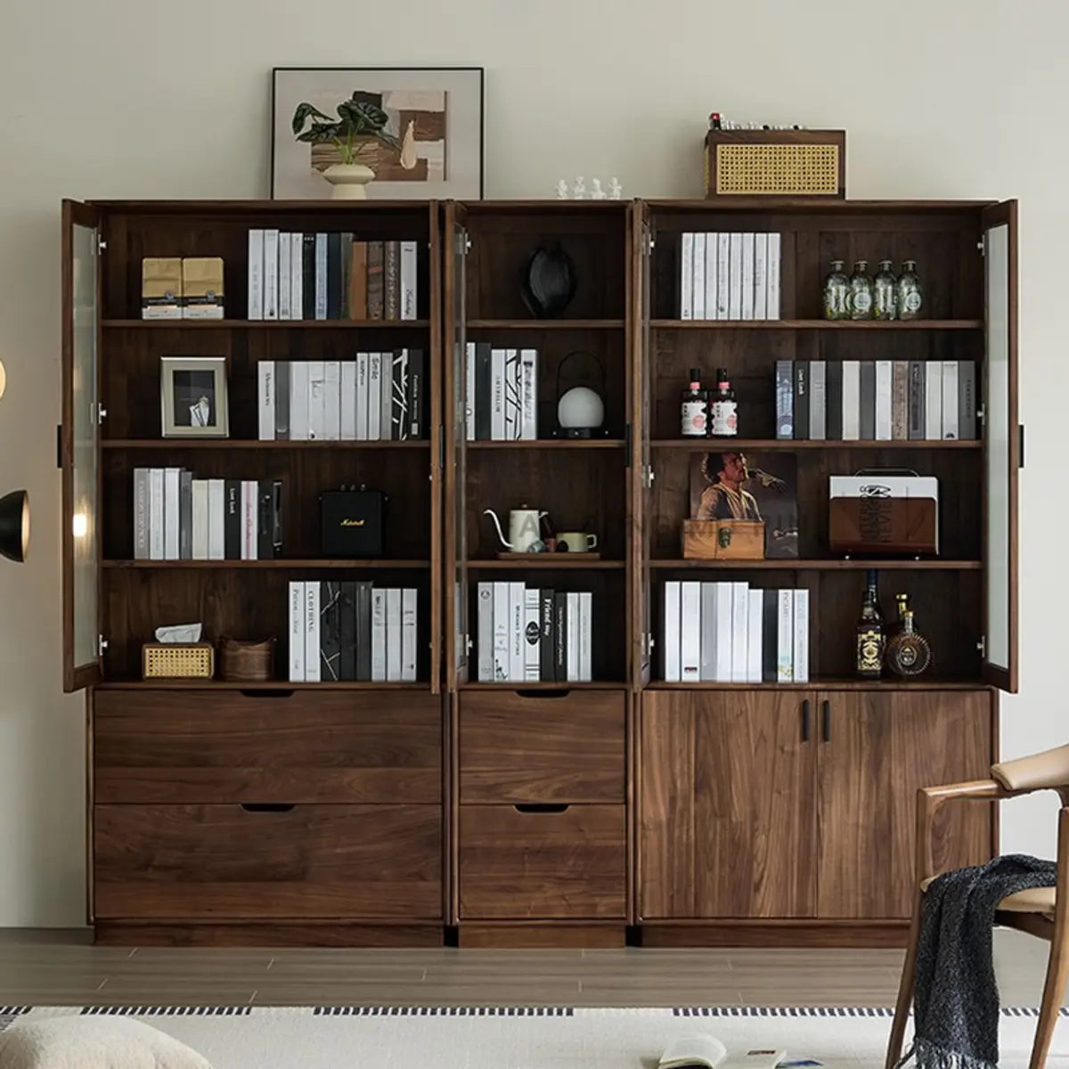 Antique Glass Vertical Wood Brown Storage Tall Bookcase Image - 7