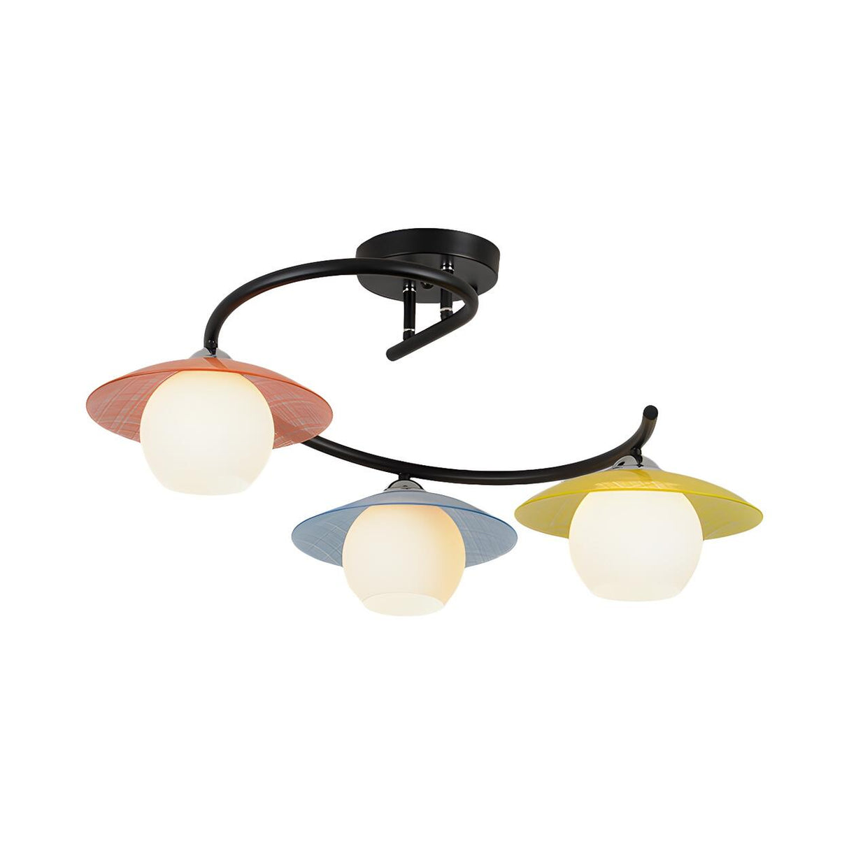 Arc Arm Colored Saucer Cap Semi-Flush Mount Lamp 3-Bulb Image - 3