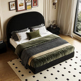 Arch Upholstered Headboard Black Velvet Queen Panel Bed Image - 2