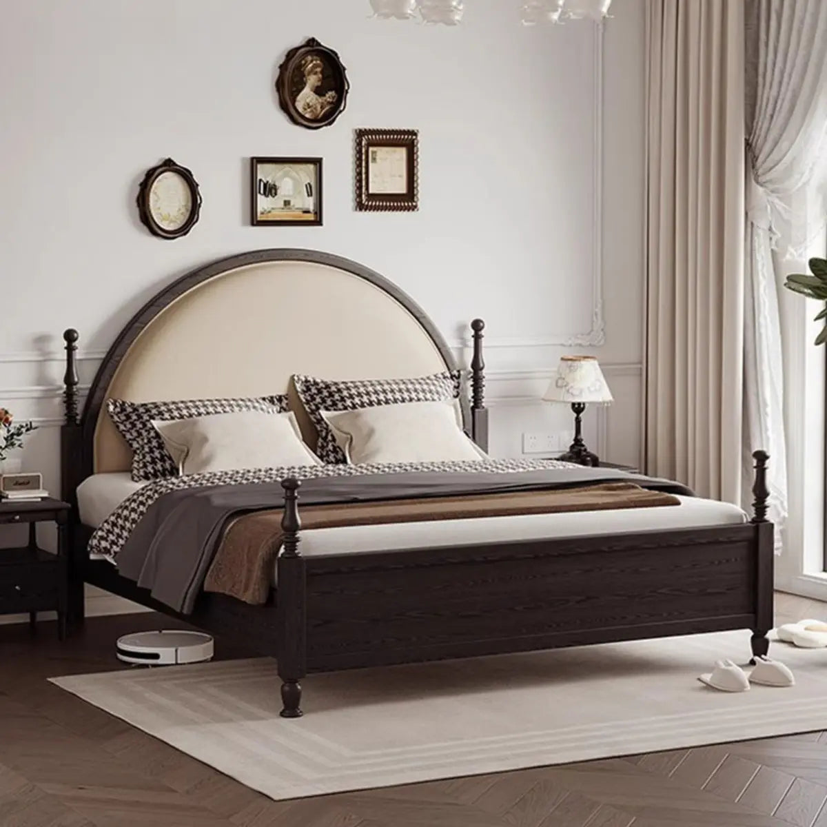 Arched Headboard Black Pine Wood Queen Platform Bed Image - 1