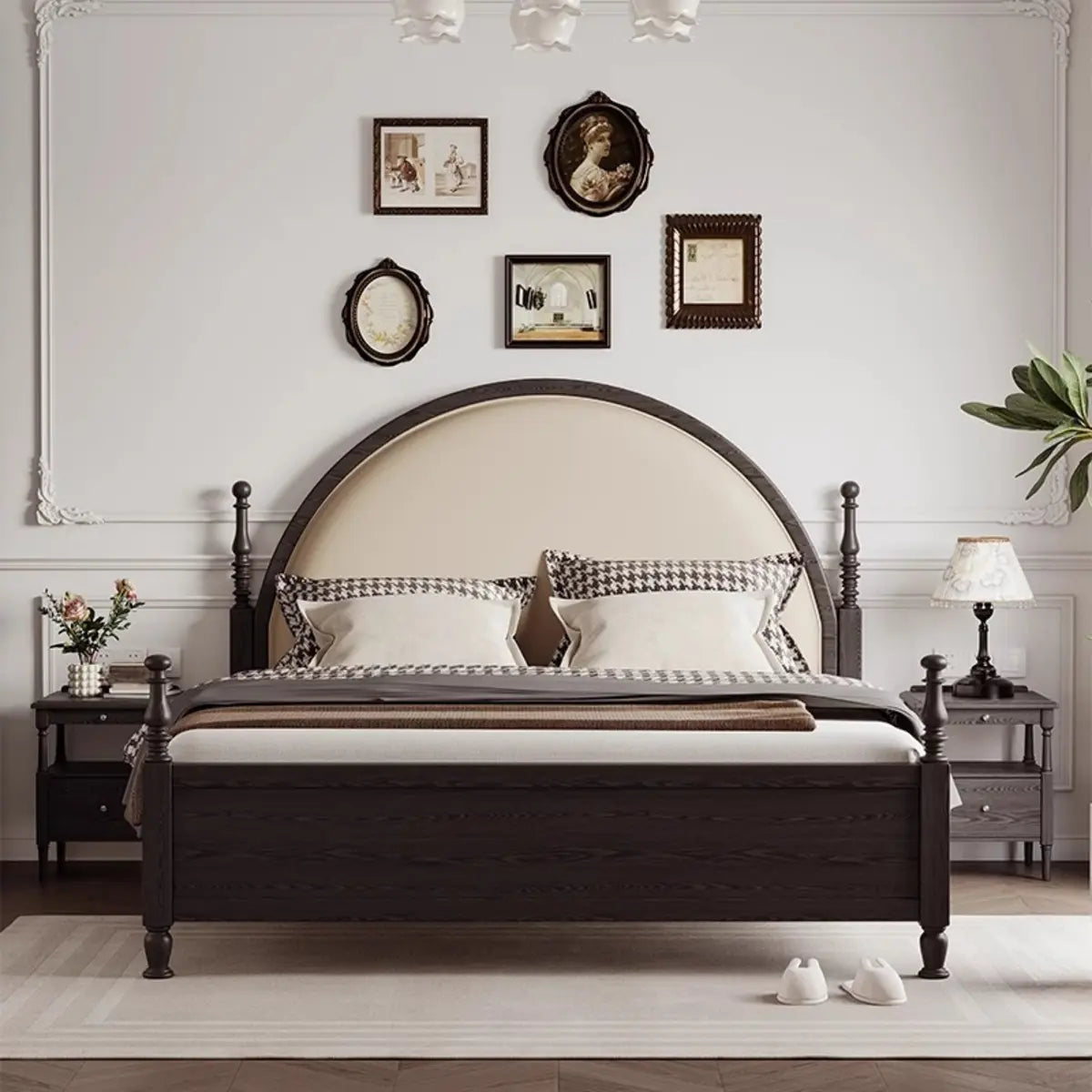 Arched Headboard Black Pine Wood Queen Platform Bed Image - 2