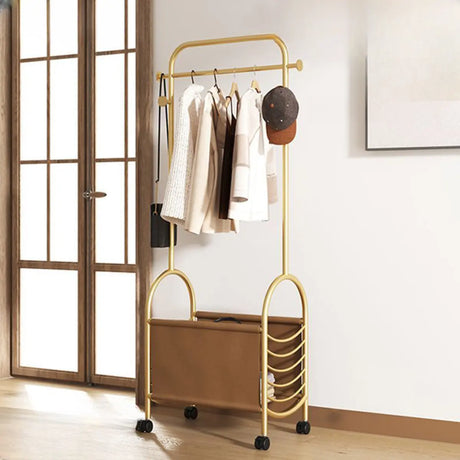 Arched Metal Gold Hooks Basket Coat Rack with Wheels Image - 1