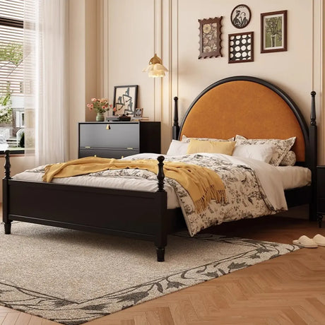 Arched Wood Black Queen Upholstered Headboard Panel Bed Image - 1