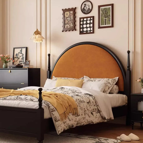 Arched Wood Black Queen Upholstered Headboard Panel Bed Image - 2