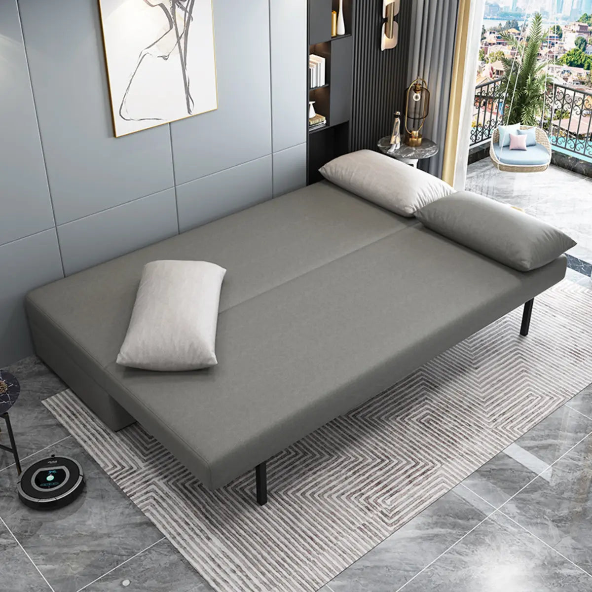 Armless Detachable Mattress Convertible Fabric Grey Futon Image - 2