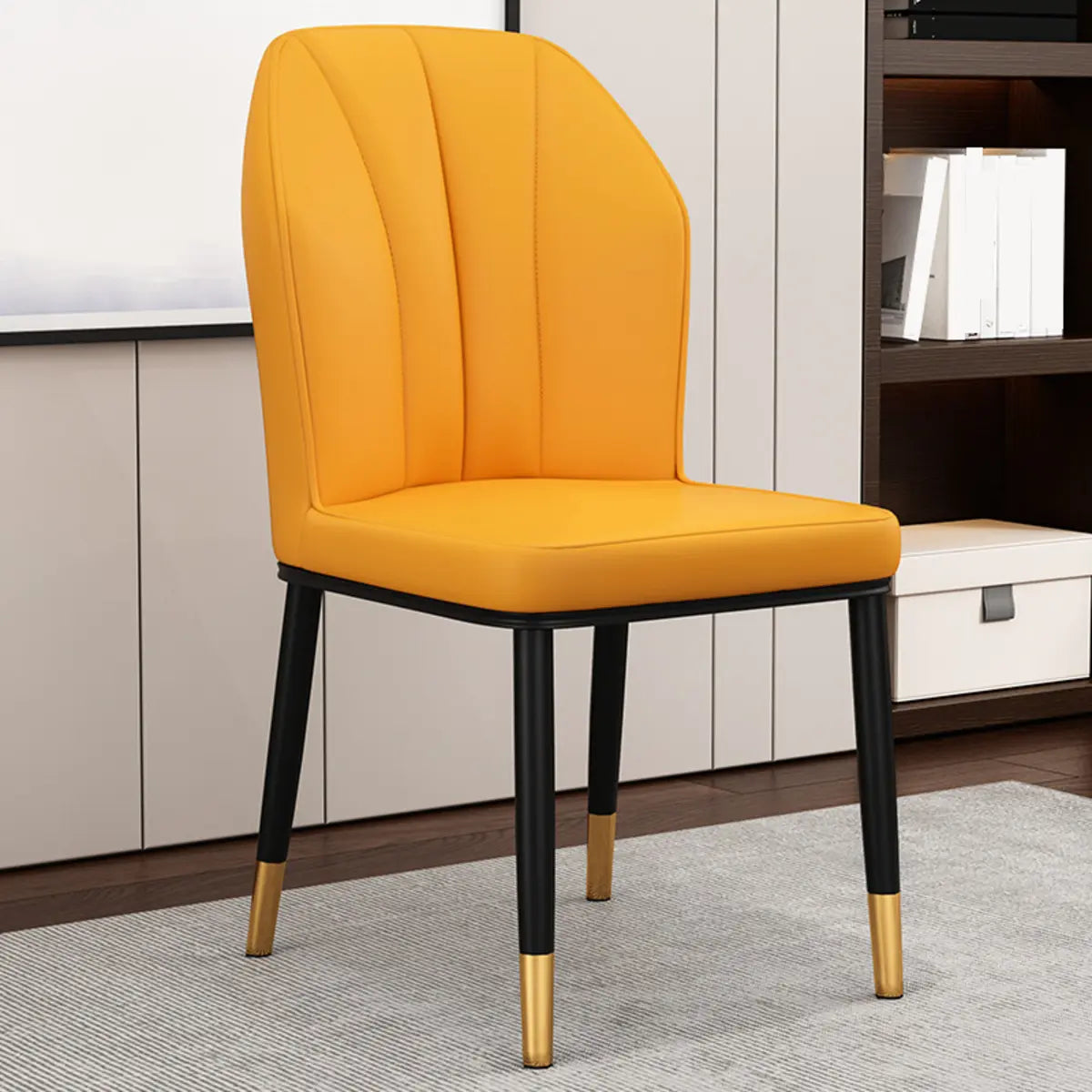 Armless Faux Leather Upholstered Foot Pads Dining Chair Image - 7