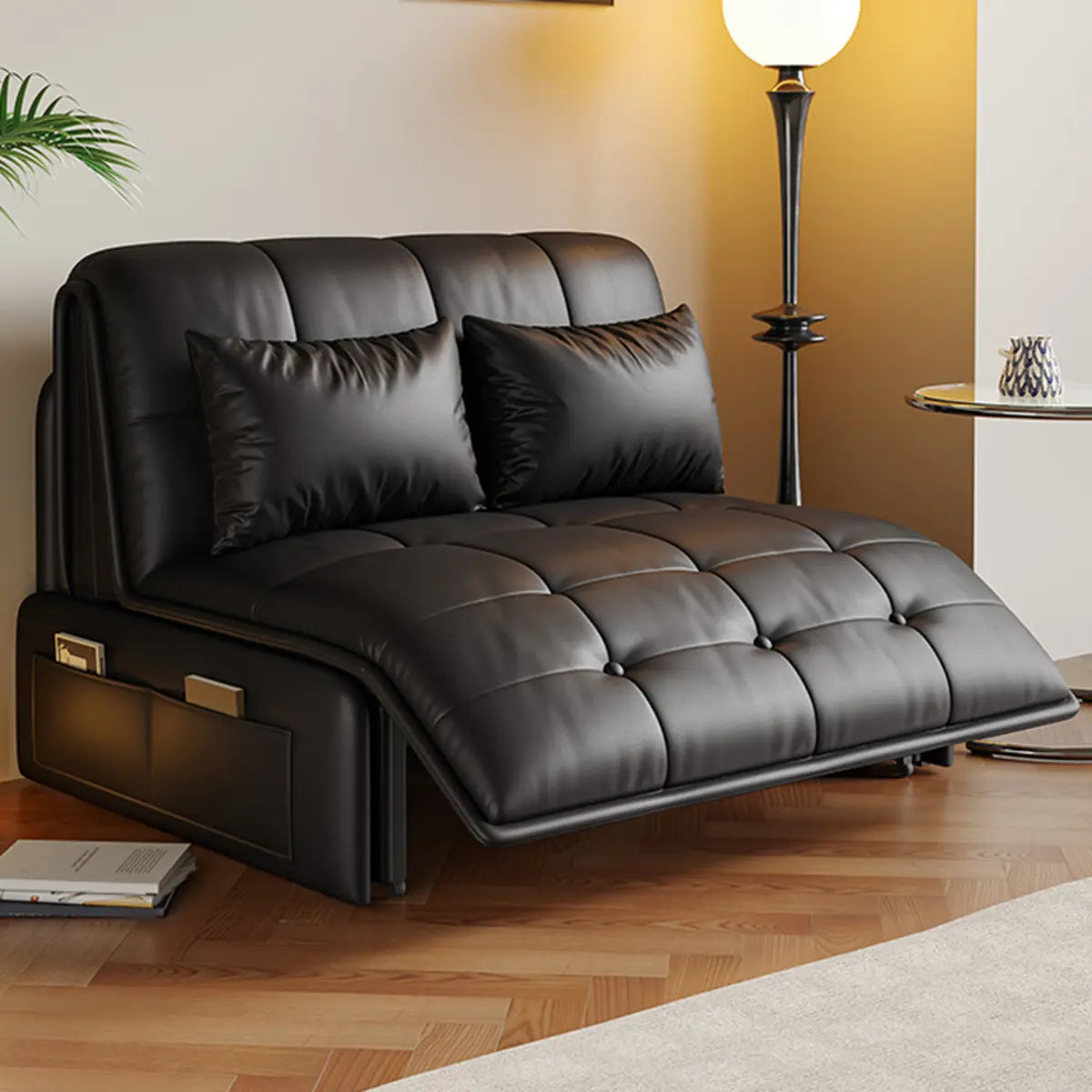 Armless Leather Convertible Black Storage Futon Sofa Bed Image - 1