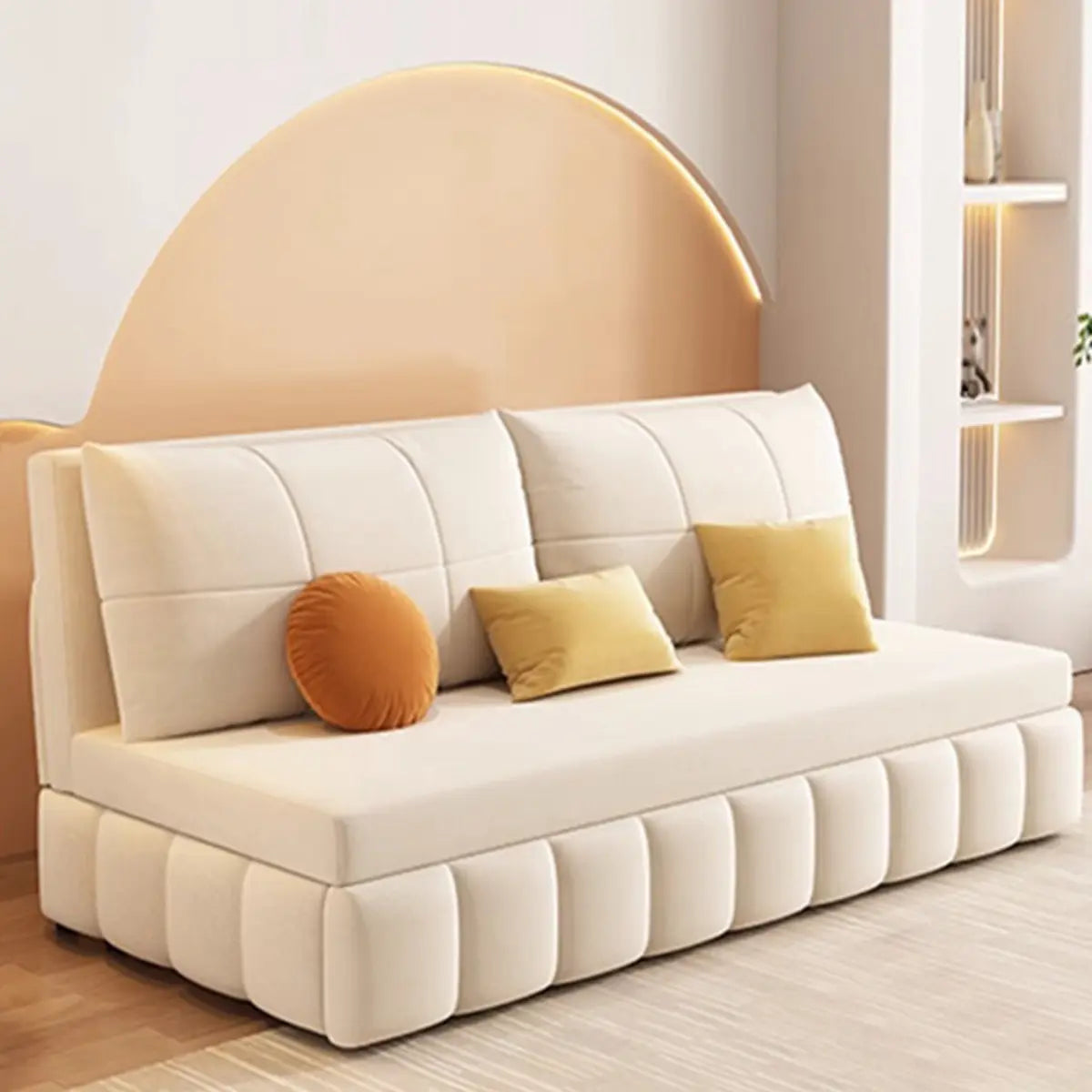 Armless Pillow Back White Cushioned Fabric Futon Bed Sofa Image - 1