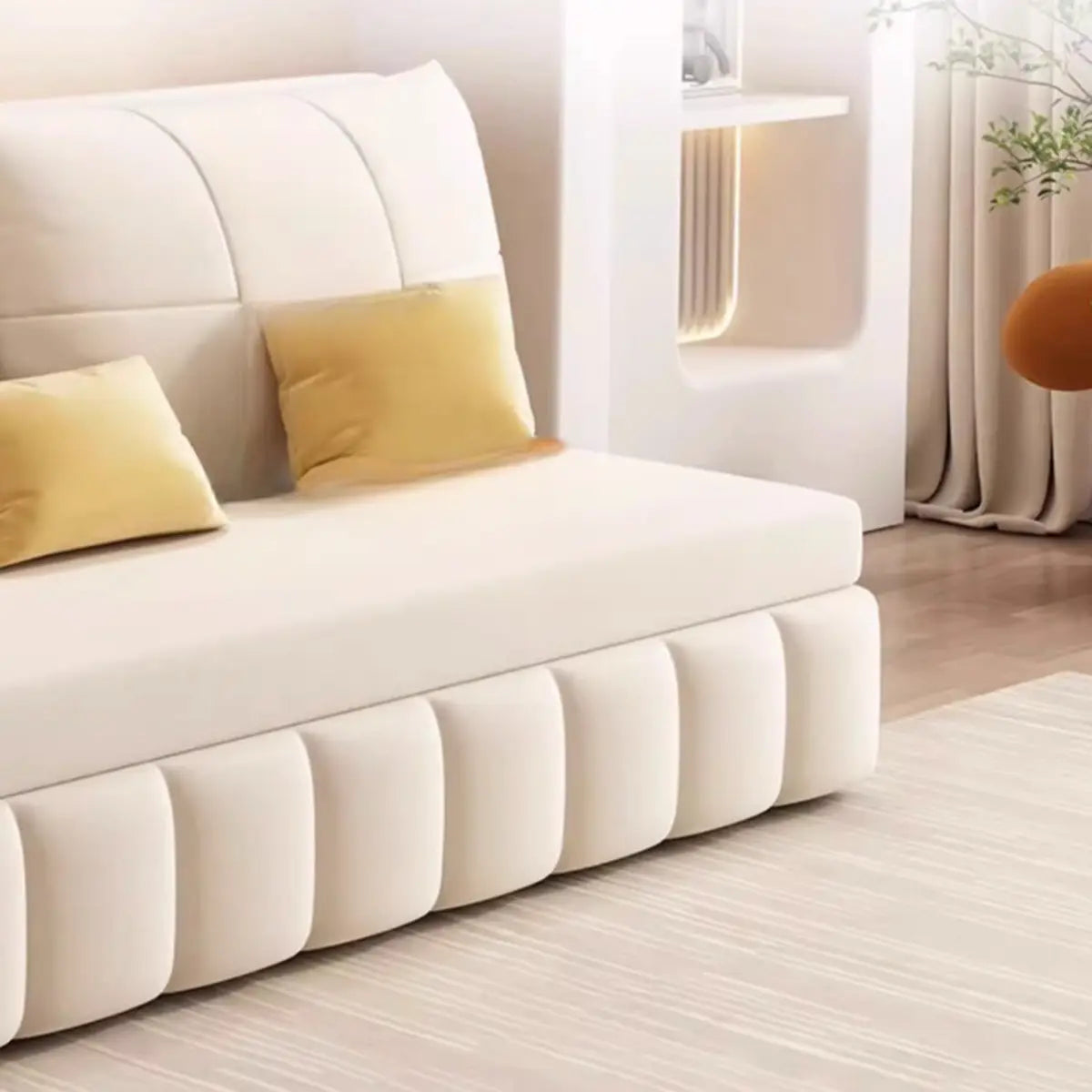 Armless Pillow Back White Cushioned Fabric Futon Bed Sofa Image - 11