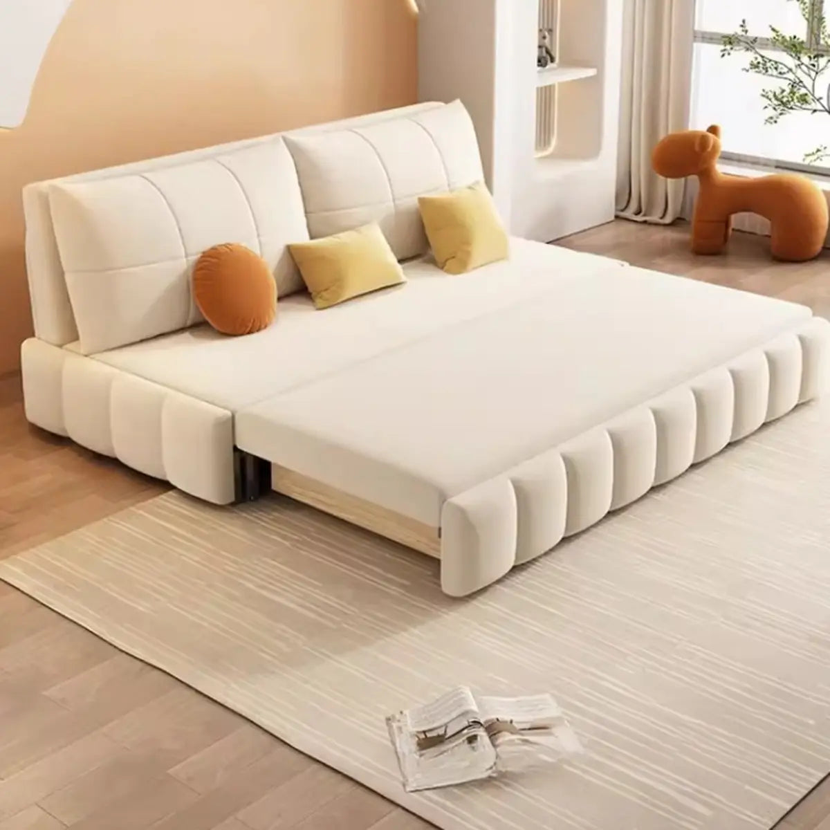 Armless Pillow Back White Cushioned Fabric Futon Bed Sofa Image - 6