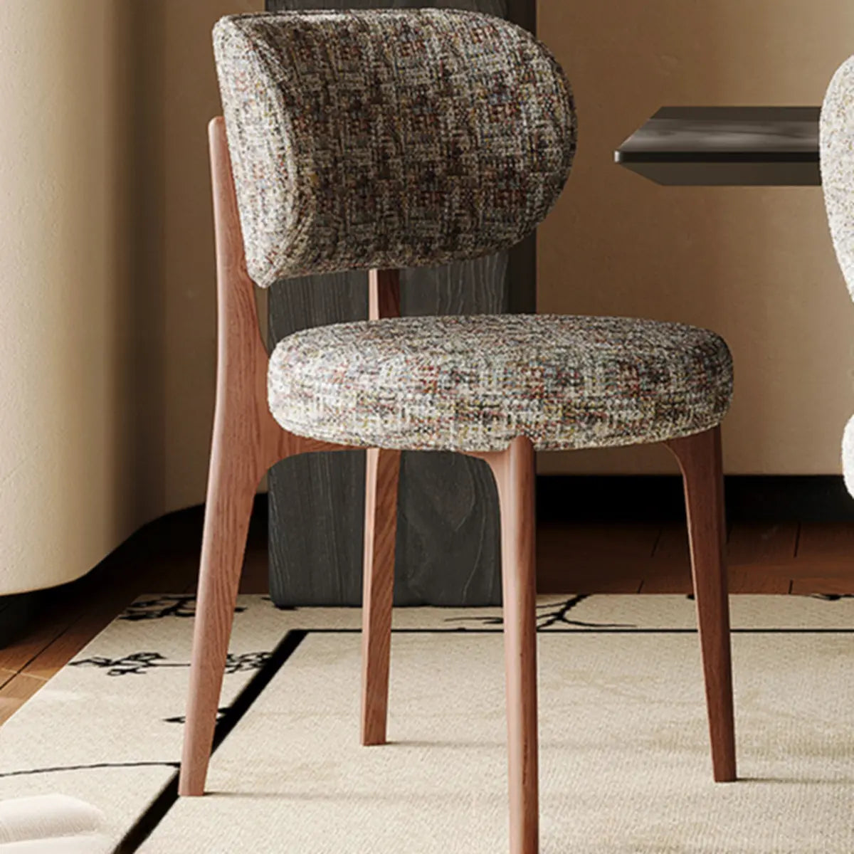 Armless Round Upholstered Back Wood Legs Dining Chair Image - 4