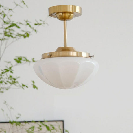 Art Deco Brass Frosted Glass Semi Flush Pendant Light Image - 1