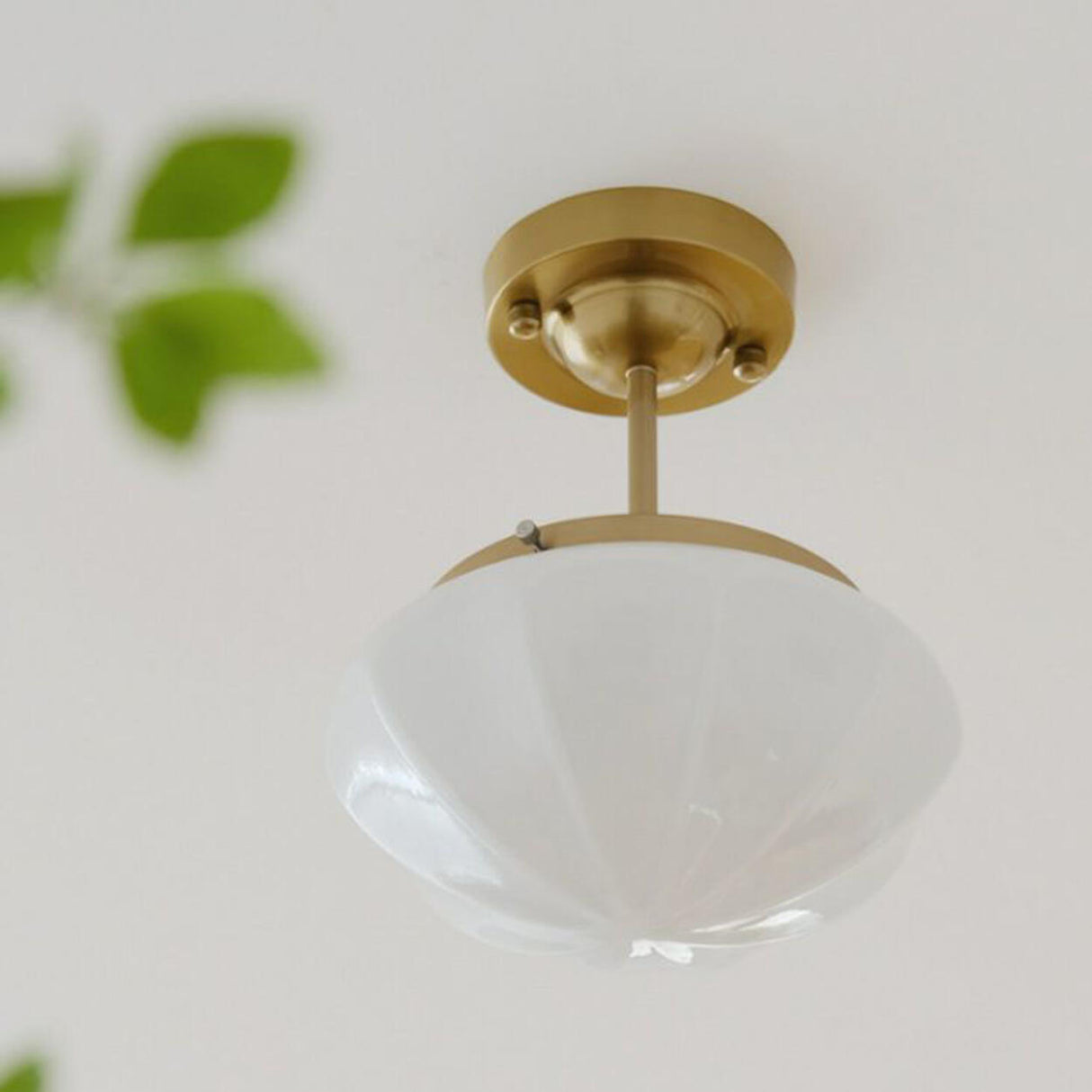 Art Deco Brass Frosted Glass Semi Flush Pendant Light Image - 4