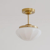 Art Deco Brass Frosted Glass Semi Flush Pendant Light Image - 5