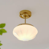 Art Deco Brass Frosted Glass Semi Flush Pendant Light Image - 8