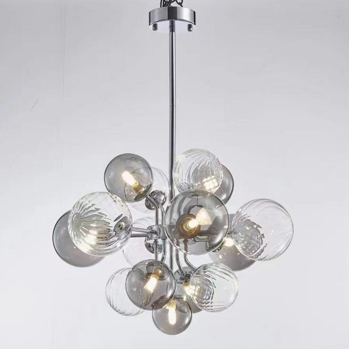 Art Deco Bubble Chandelier Smoke and Clear Glass Globes Image - 6