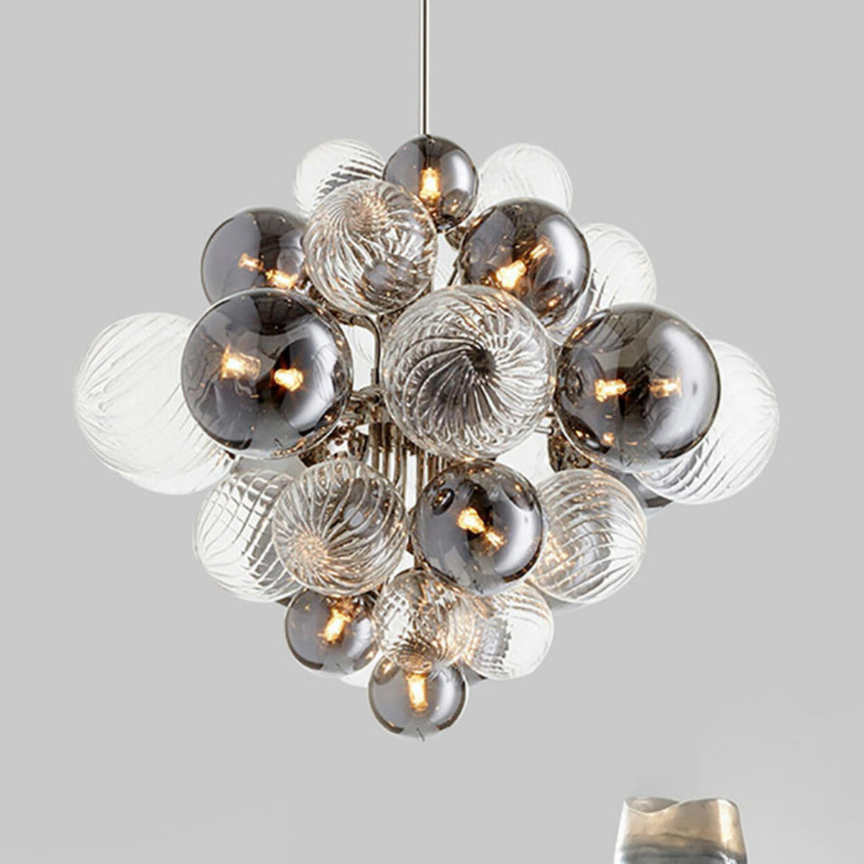 Art Deco Bubble Chandelier Smoke and Clear Glass Globes Image - 9