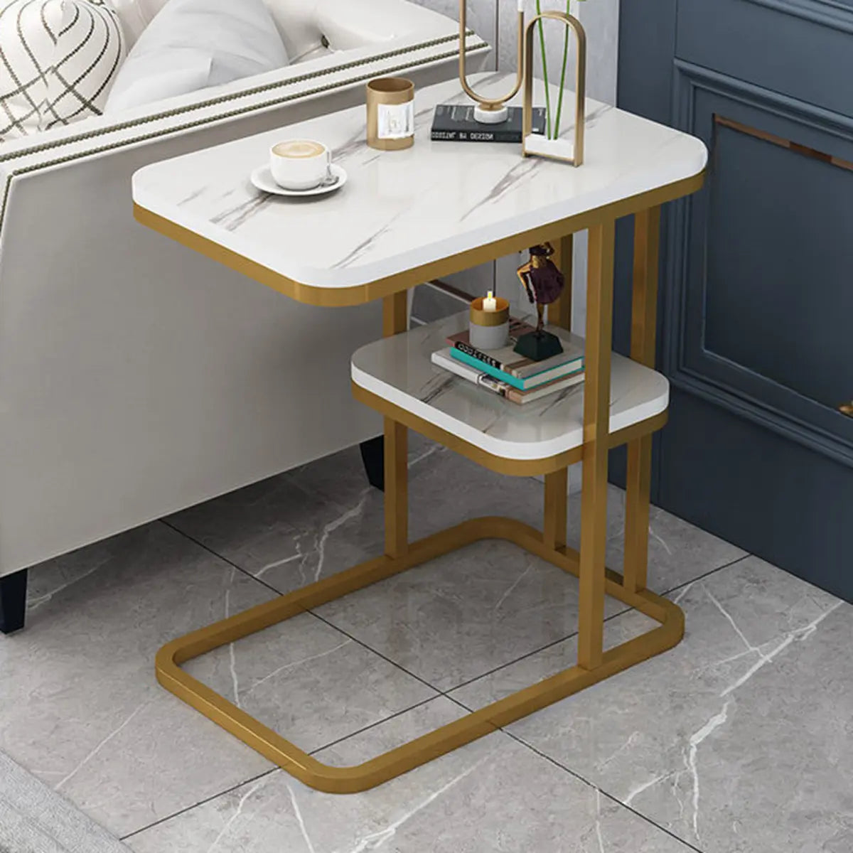 Art Deco C-Shaped Gold Composite Manufactured Wood End Table Image - 7