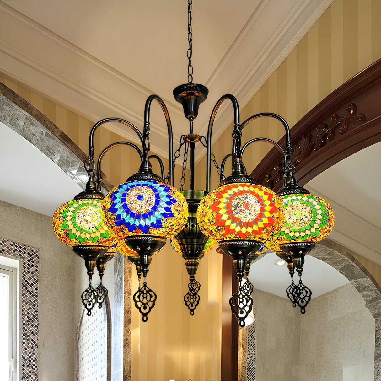 Art Deco Colorful Mosaic Glass Oval Pendant Chandelier Image - 2