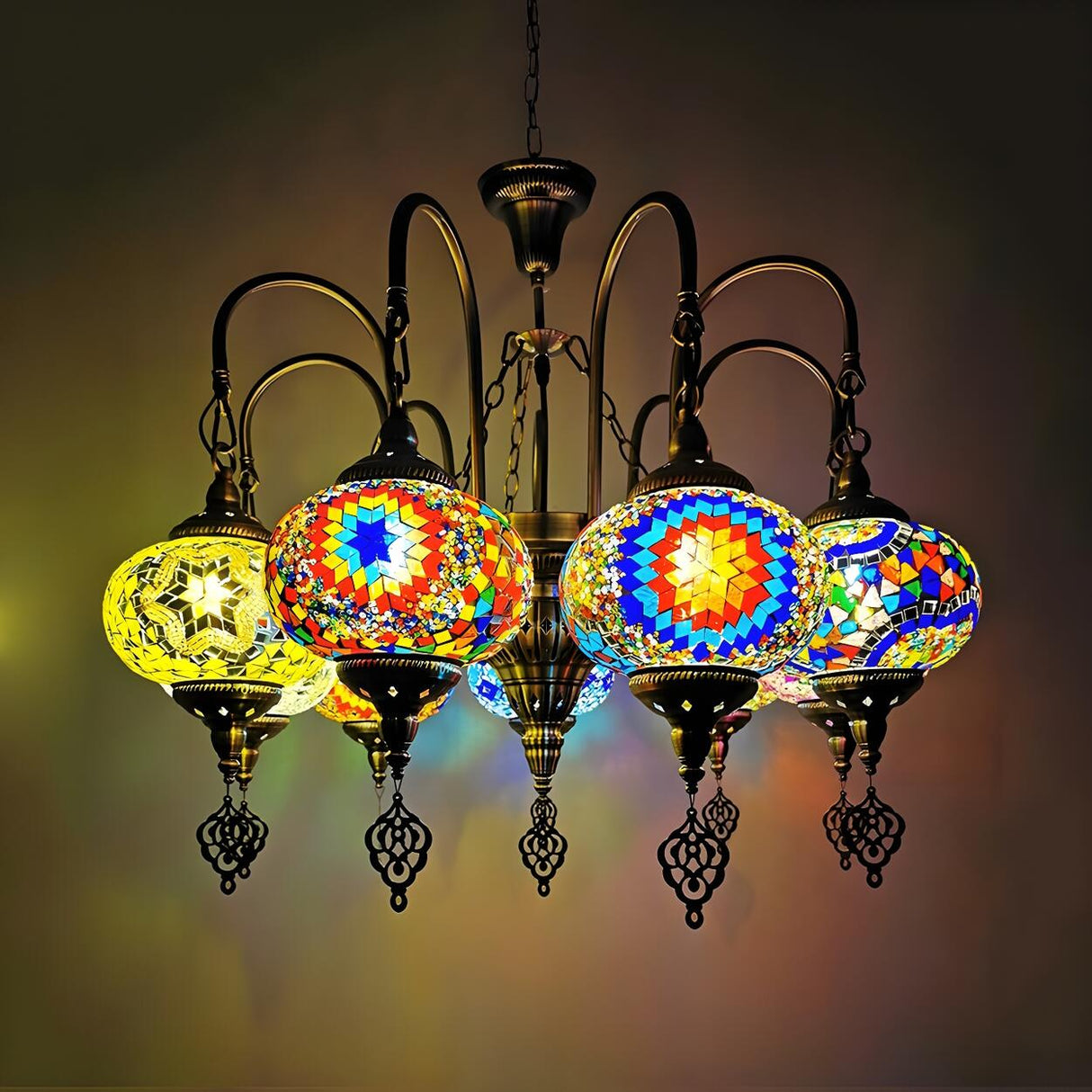 Art Deco Colorful Mosaic Glass Oval Pendant Chandelier Image - 5