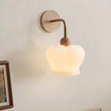 Art Deco Crown White Glass Wood Finish Wall Sconce Image - 4