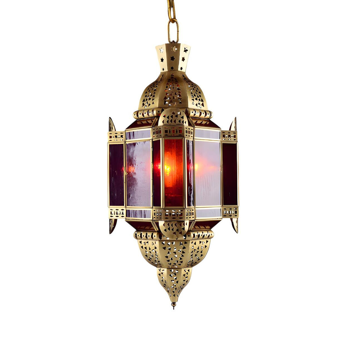 Art Deco Gold Dining Room Red Glass Lantern Chandelier Image - 4