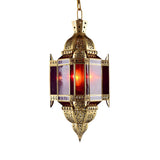 Art Deco Gold Dining Room Red Glass Lantern Chandelier Image - 4