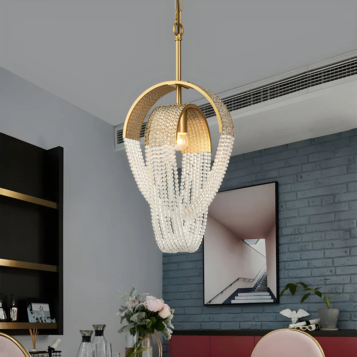 Art Deco Modern Oval Clear Crystal Pendant Light Image - 2