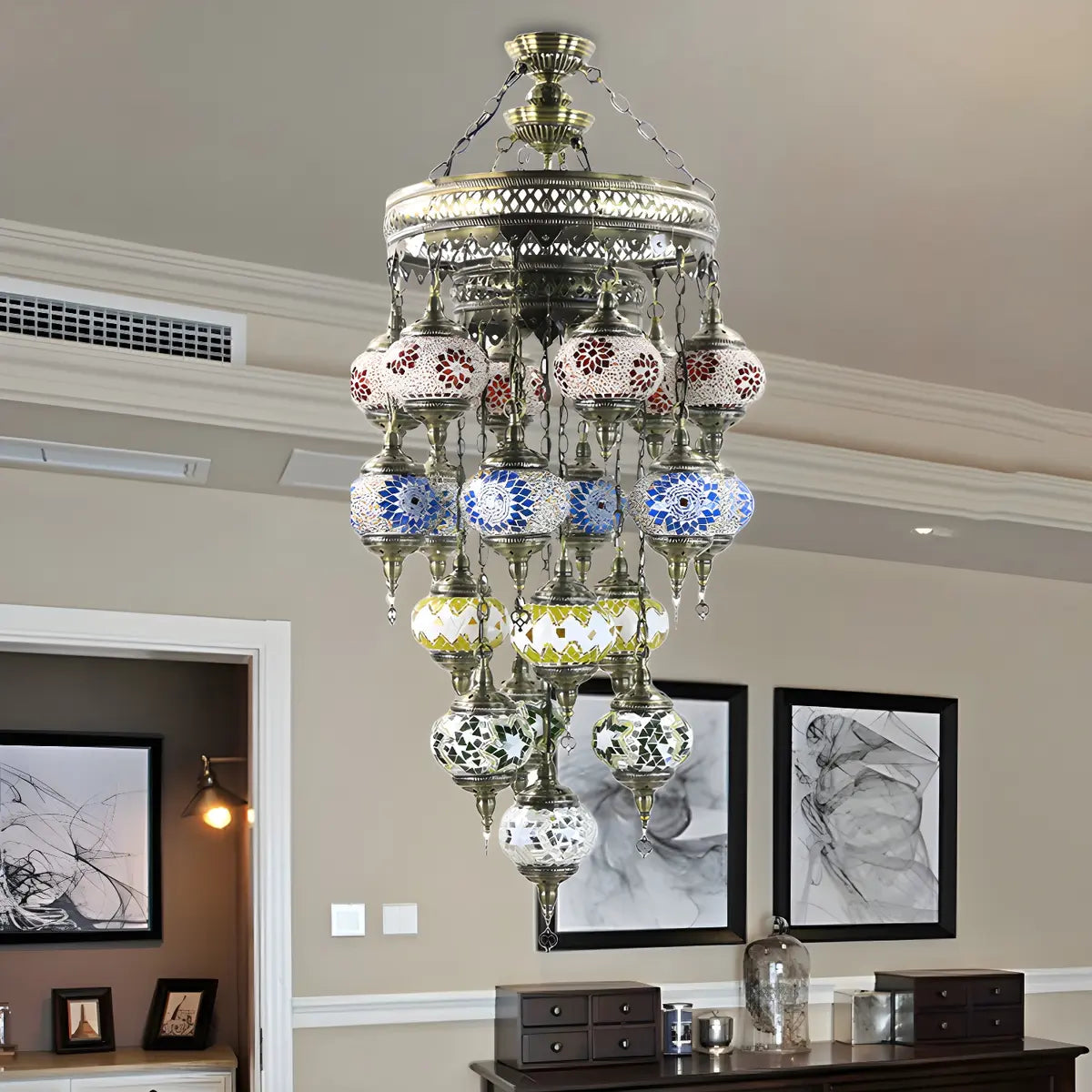 Art Deco Multicolor Mosaic Glass Oval Pendant Chandelier Image - 2