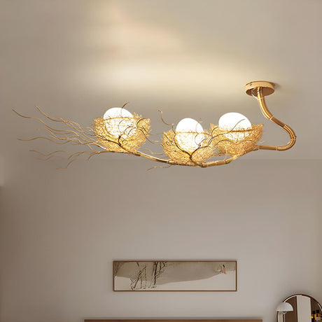 Art Deco Organic Branch Gold Woven Nest Ceiling Chandelier Image - 1