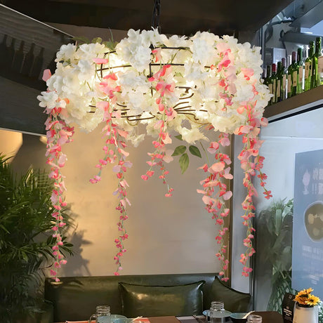 Art Deco Restaurant Floral Drum Pink Petal Chandelier Image - 2