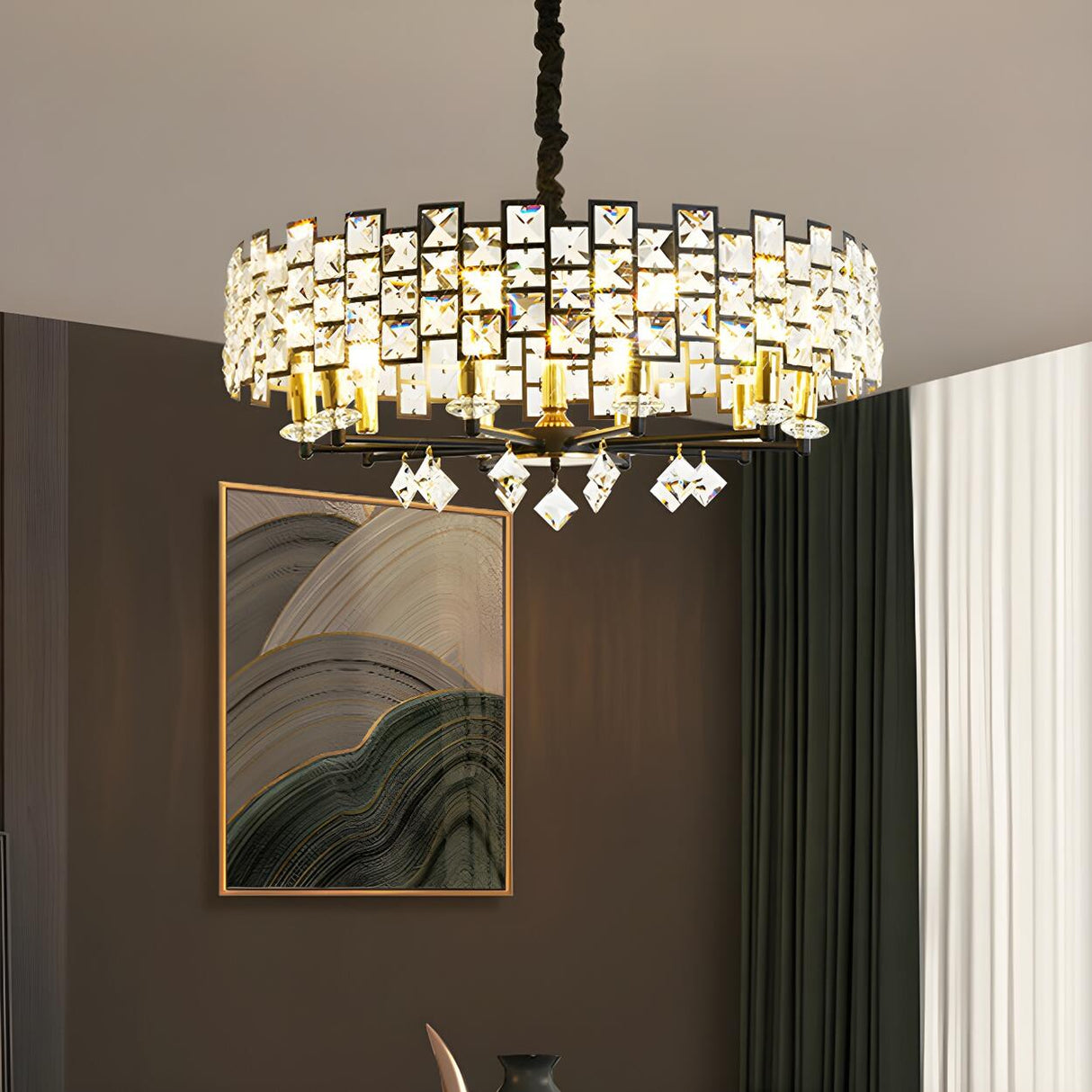 Art Deco Square Circular Crystal Prism Pendant Chandelier Image - 6