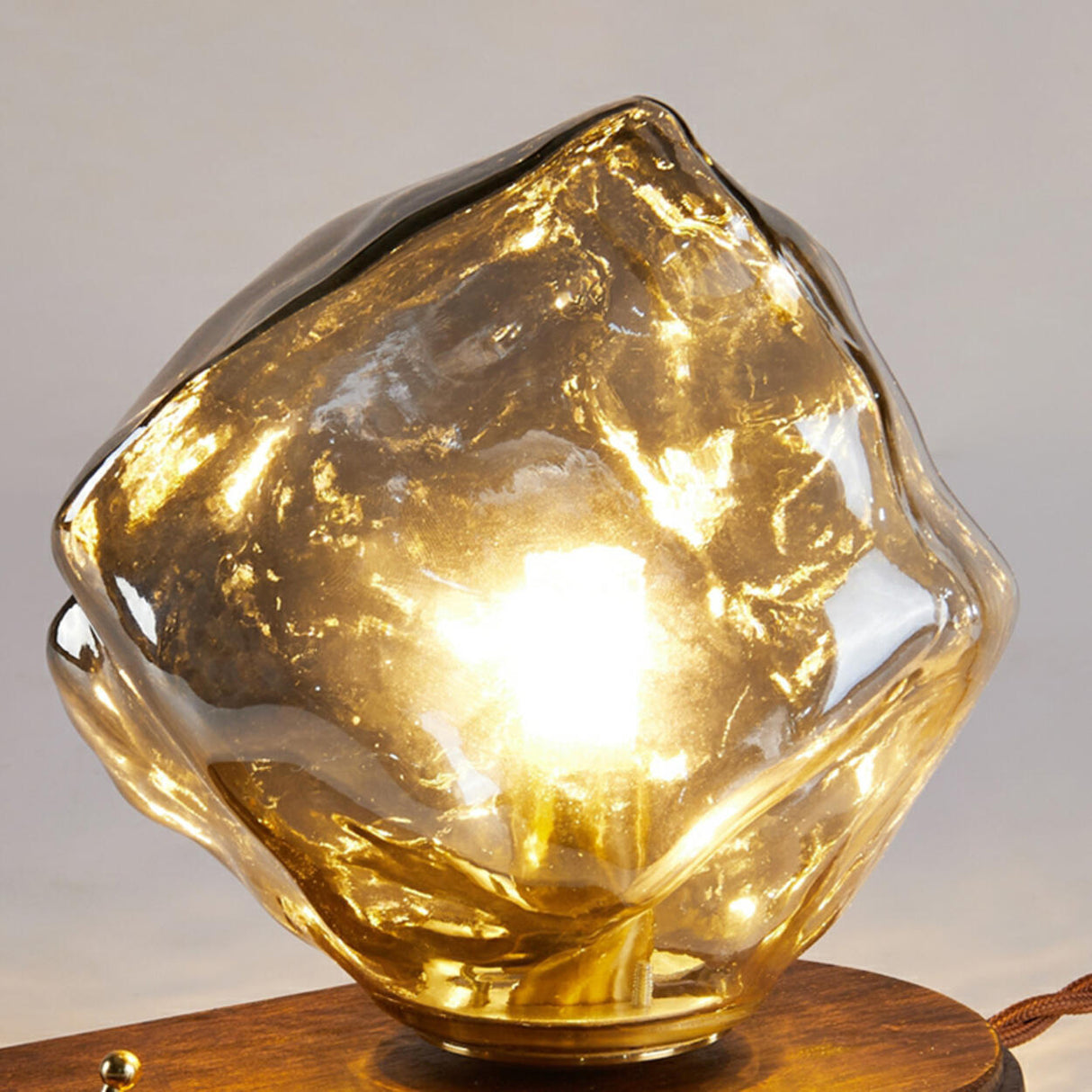 Artistic Amber Glass Shade Natural Wood Base Table Lamp Image - 8