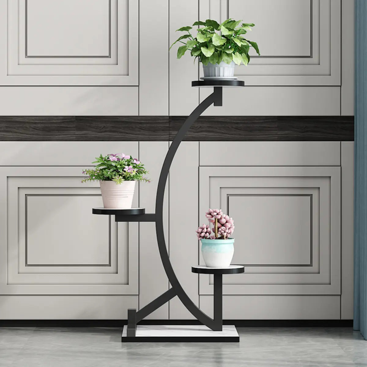 Artistic Arc Wood Indoor Three Tray Plant Stand Black Image - 1