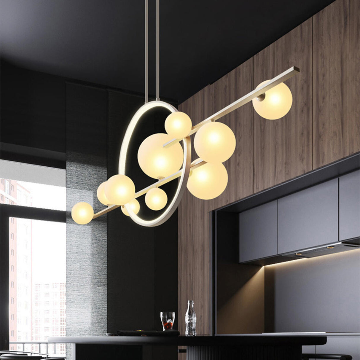 Artistic Black Globe and Ring Island Pendant Light Image - 14