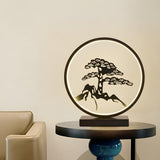 Artistic Black Pine Silhouette Circle Decor Table Lamp Image - 1