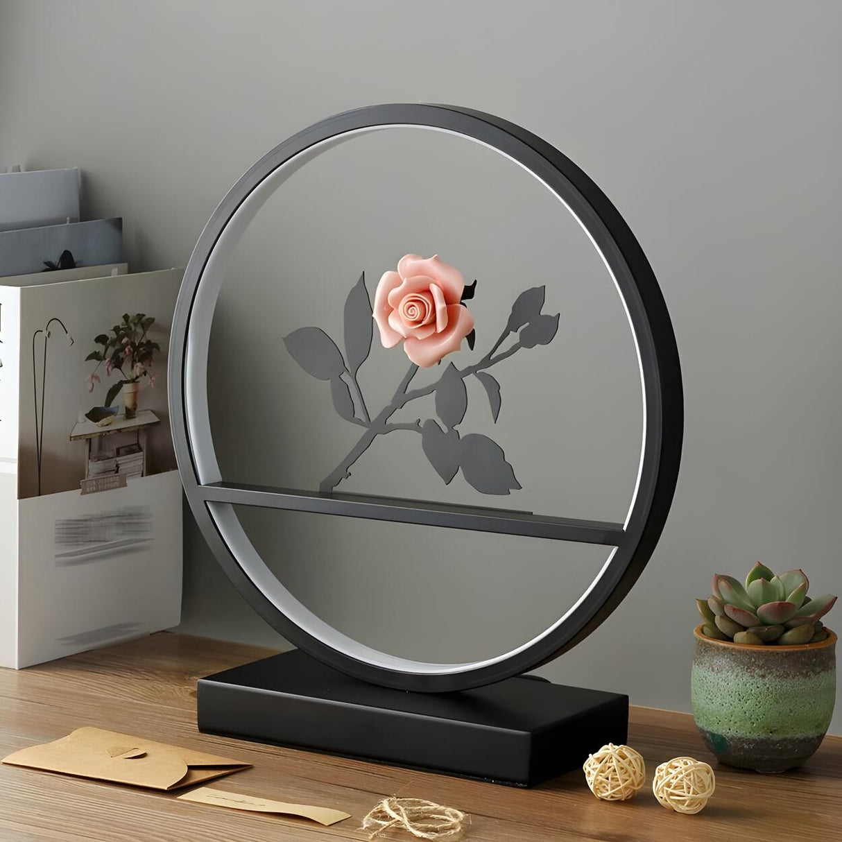 Artistic Black Pine Silhouette Circle Decor Table Lamp Image - 15